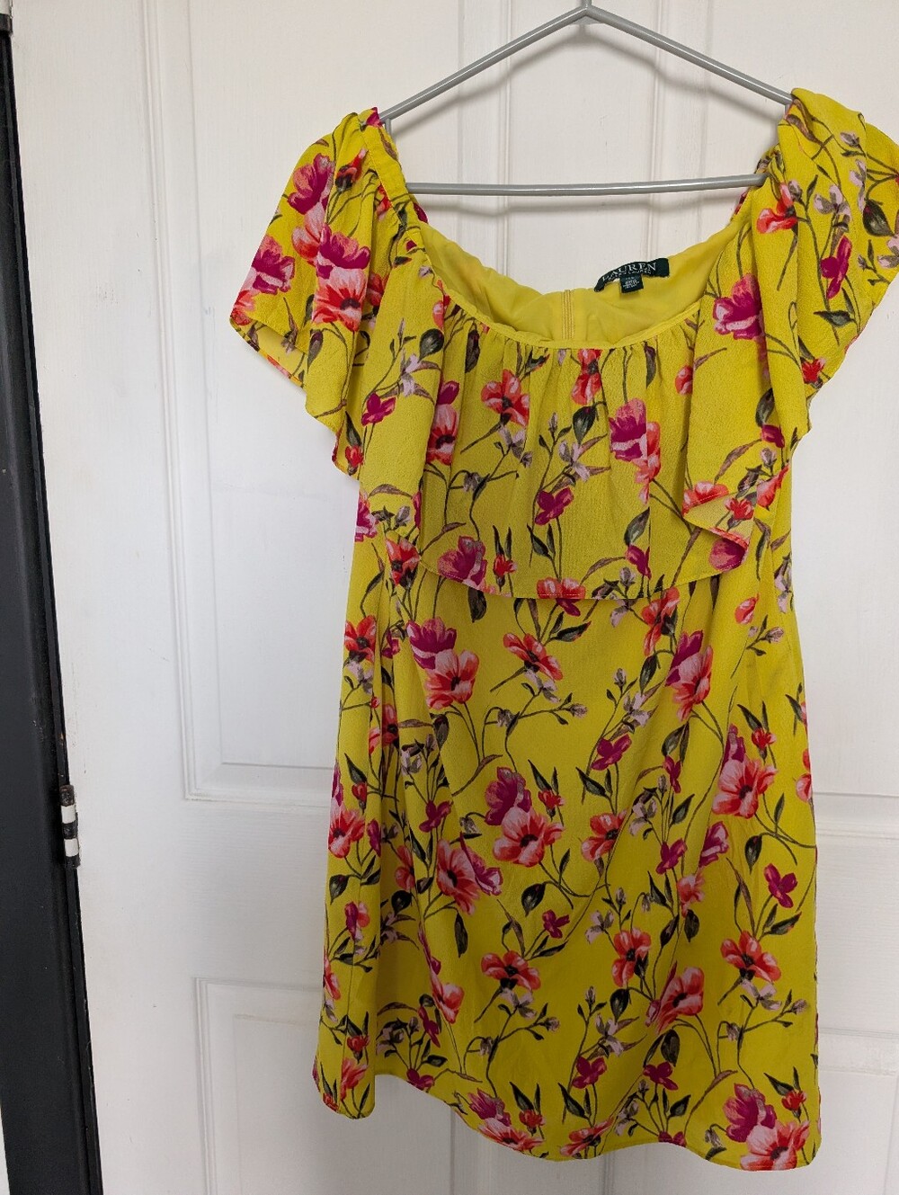 Ralph Lauren Yellow Floral Off-Shoulder Dress with Pink Blooms